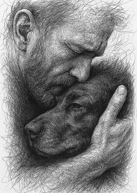 Man and Dog Embrace Drawing