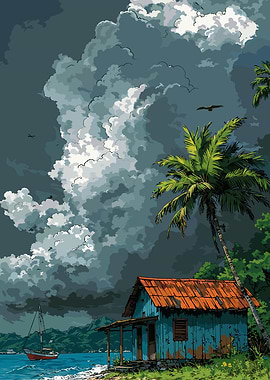 Tropical Beach House Under Stormy Sky