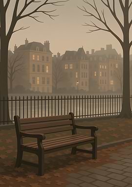 Park bench on a foggy day