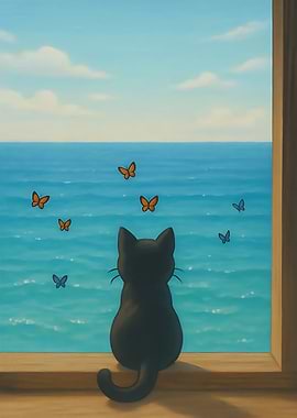 Black Cat and Butterflies by the Sea