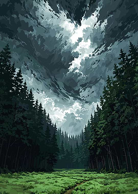 Forest Path Under Stormy Sky