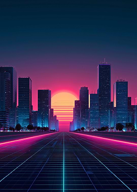 Neon Horizon Retro Futuristic Cityscape at Sunset