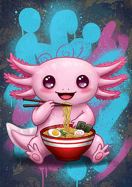 Axolotl eating ramen digital art