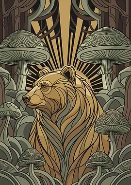 Whimsical Forest Bear Art Nouveau | Stained Glass Style Wall Art