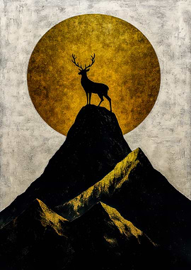 Deer on Mountain Peak with Moon
