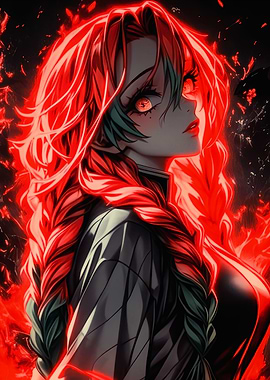 Anime Girl with Red Glowing Hair
