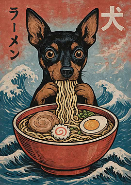 Miniature Pinscher Eating Ramen