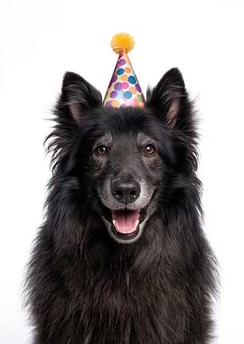 Belgian Sheepdog with Birthday Hat
