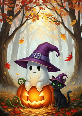 Halloween Ghost and Cat in Autumn