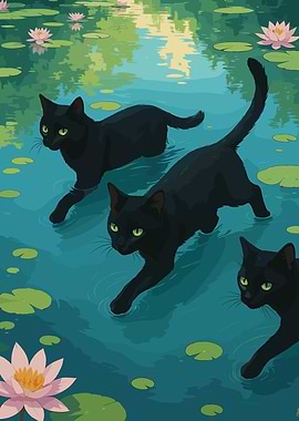 Black Cats in Lily Pond Illustration