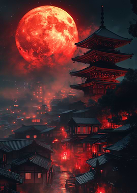 Red Moon Over Japanese Village