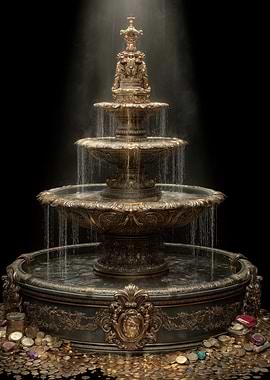 Ornate Golden Fountain with Coins