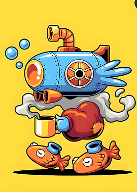 Cartoon Submarine with Coffee and Fish
