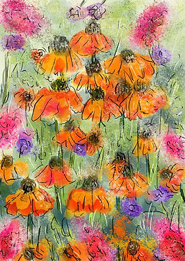 Floral Garden Painting with Orange Flowers