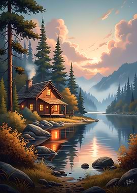 Cabin by the Lake at Sunset