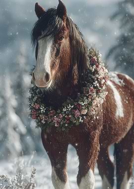 Horse with Floral Wreath in Winter
