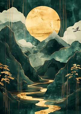 Golden Moon Mountain River Landscape Japan