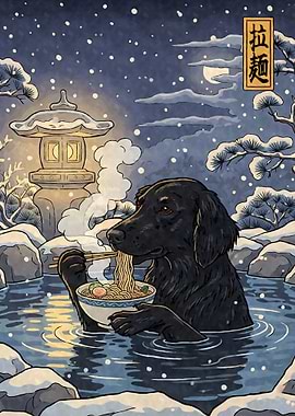 Flat-coated Retriever Eating Ramen