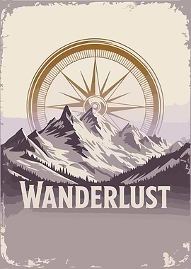 Wanderlust Mountain Compass Vintage Poster