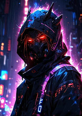Cyberpunk masked figure in neon city