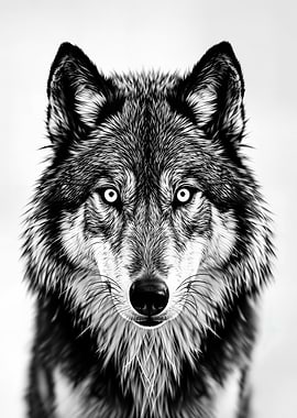 Monochrome Wolf Portrait with Piercing Gaze