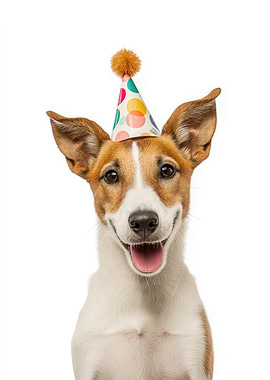Happy Smooth Fox Terrier with Birthday Hat