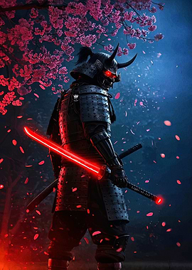 Cyberpunk Samurai with Glowing Red Katana