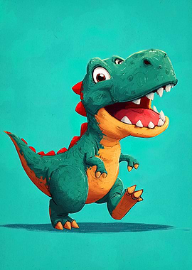 Cartoon Dinosaur on Teal Background