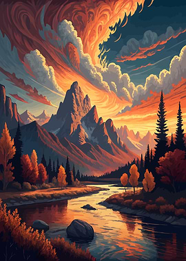Autumn Mountain River Landscape Painting