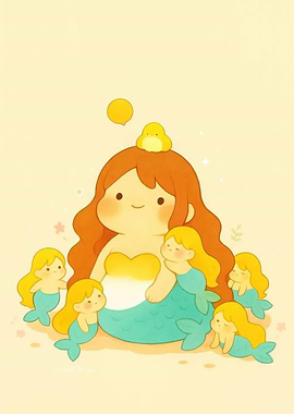 Cute Mermaid Family with Duckling