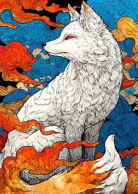 White Fox with Colorful Clouds