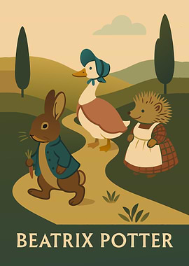 Beatrix Potter characters in a landscape