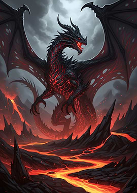 Fiery Dragon Over Lava Landscape