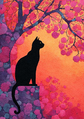 Black Cat Under Floral Tree
