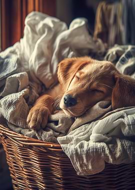 Sleeping Puppy in Laundry Basket