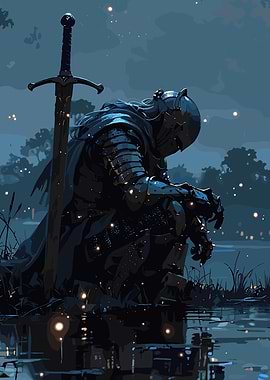 Pensive Knight with Sword in Water