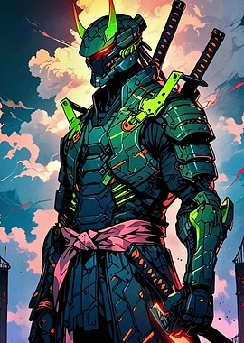 Cyberpunk Samurai Warrior with Dual Swords