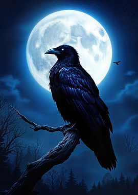 Gothic Black Raven Perched Under Full Moon