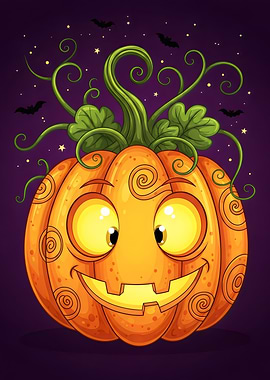 Cartoon Halloween Pumpkin with Bats