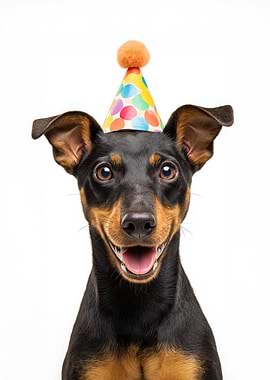 Manchester Terrier Dog with Birthday Hat Portrait