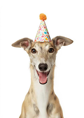 Greyhound Dog with Birthday Hat