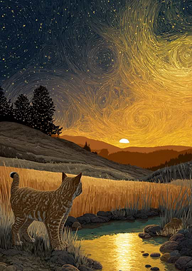 Cat Gazing at Sunset Landscape