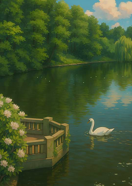 Swan on Lake with Greenery