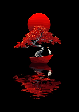 Bonsai Tree, Boat, and Red Sun