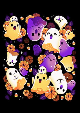 Cute Halloween Ghosts with Pumpkins and Candy