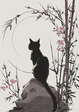 Black Cat with Bamboo and Blossoms
