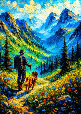 Hiker and Dog in Mountain Landscape