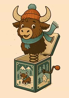 Cartoon Yak Jack-in-the-Box Illustration