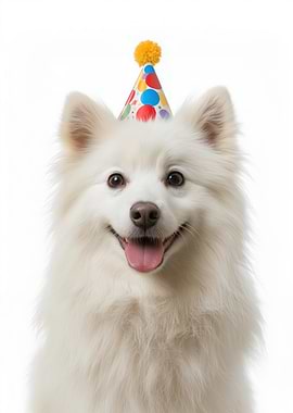 Happy American Eskimo Dog with Party Hat