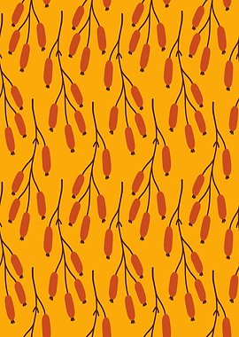 Rosehip Branch Pattern on Yellow Background